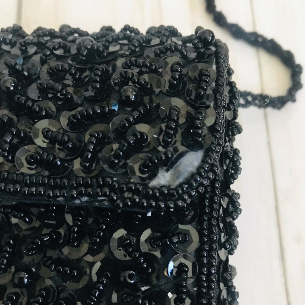 Black Sequined & Beaded Handbag with Long Beaded Strap - Picture 11 of 11